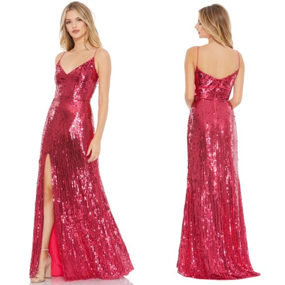 Mac Duggal 10737 Manhattan Gown Sz 6 Hot Pink Sequin Formal Dress High Slit - Picture 1 of 15